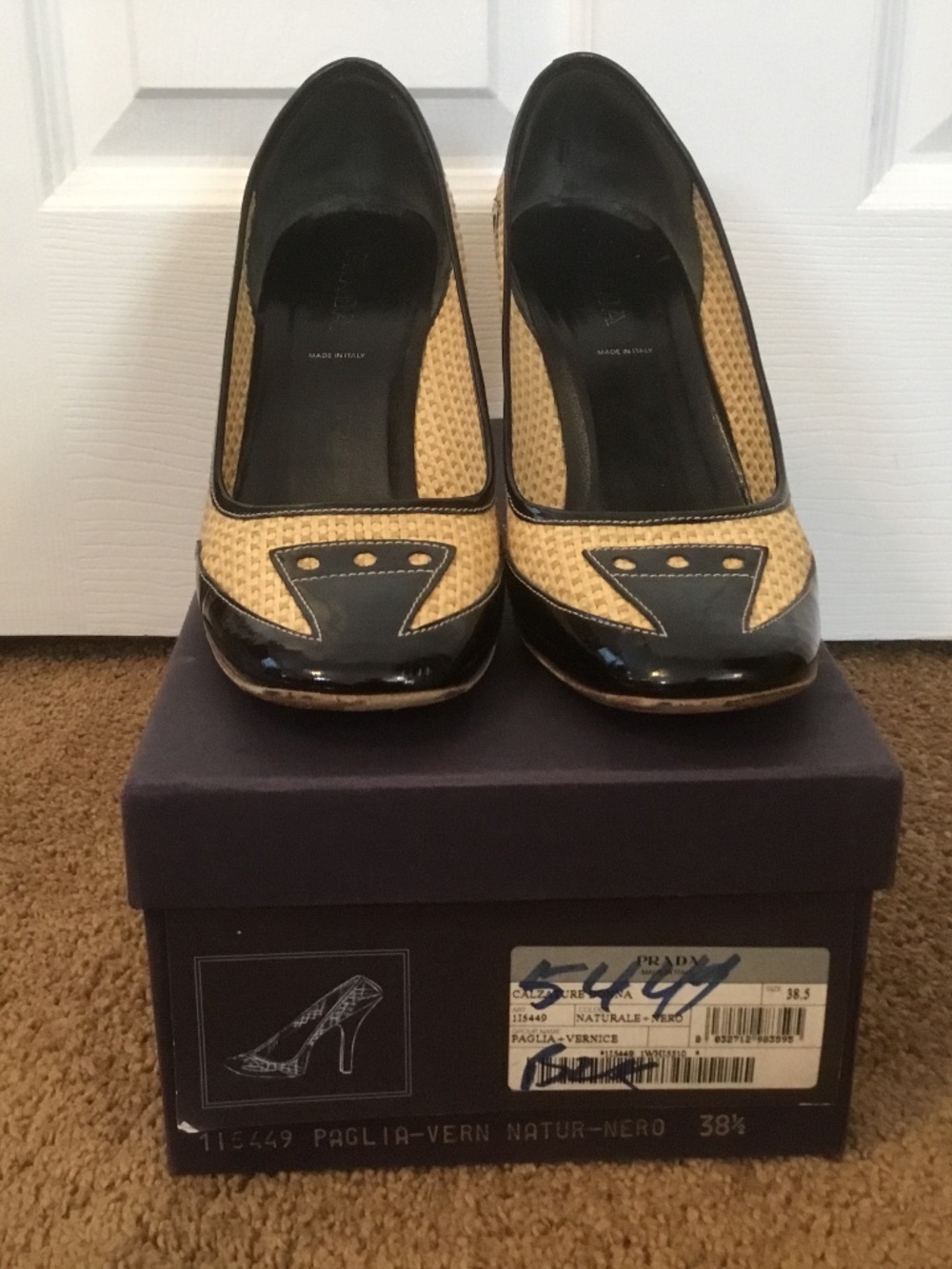 Prada Woven Raffia High Heels Cap Toe Patent Leather Heels (Size 8 1/2) - Picture 4 of 16